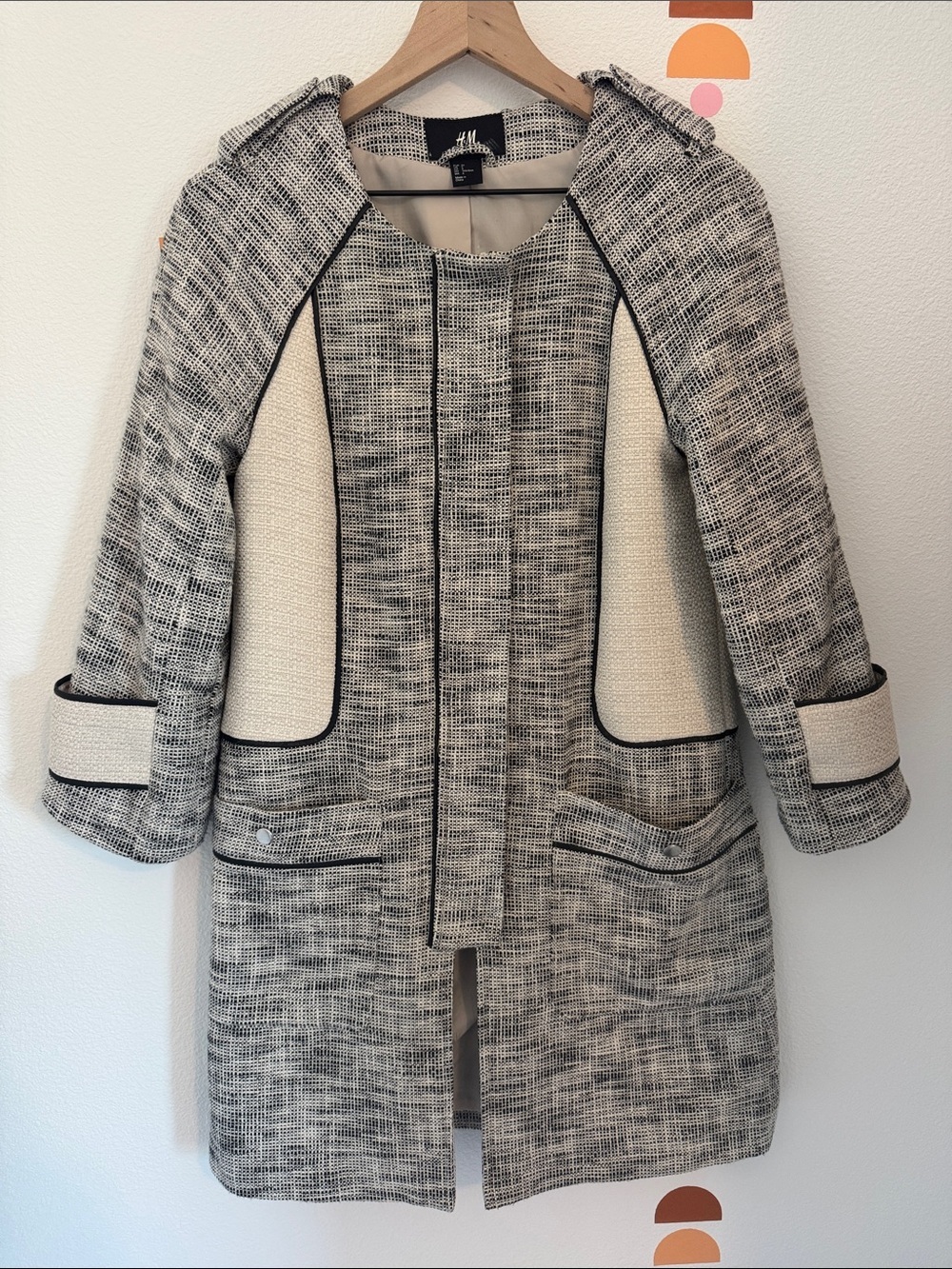 H&M Tweed Trench Coat in Black & Cream N0140